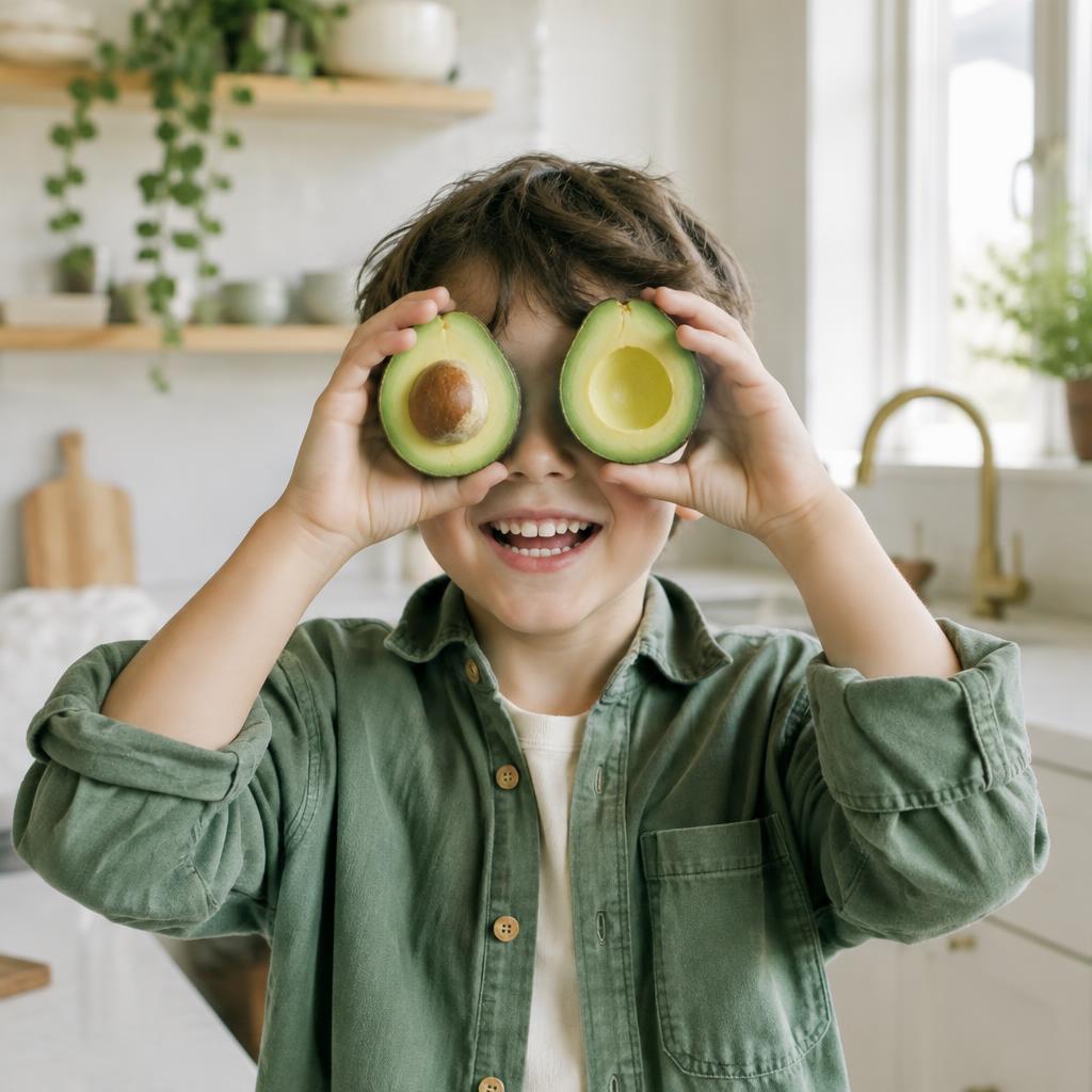 Smiling child playing with avocado halves