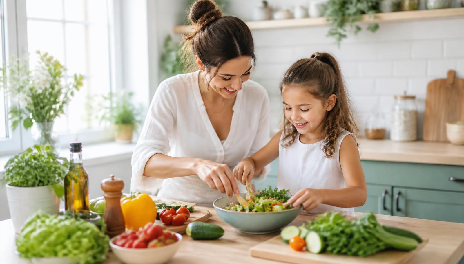 Parent and child preparing a healthy meal together in a bright kitchen