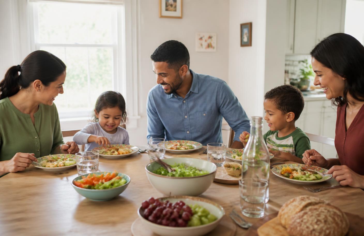 A diverse family sharing a healthy meal together at home