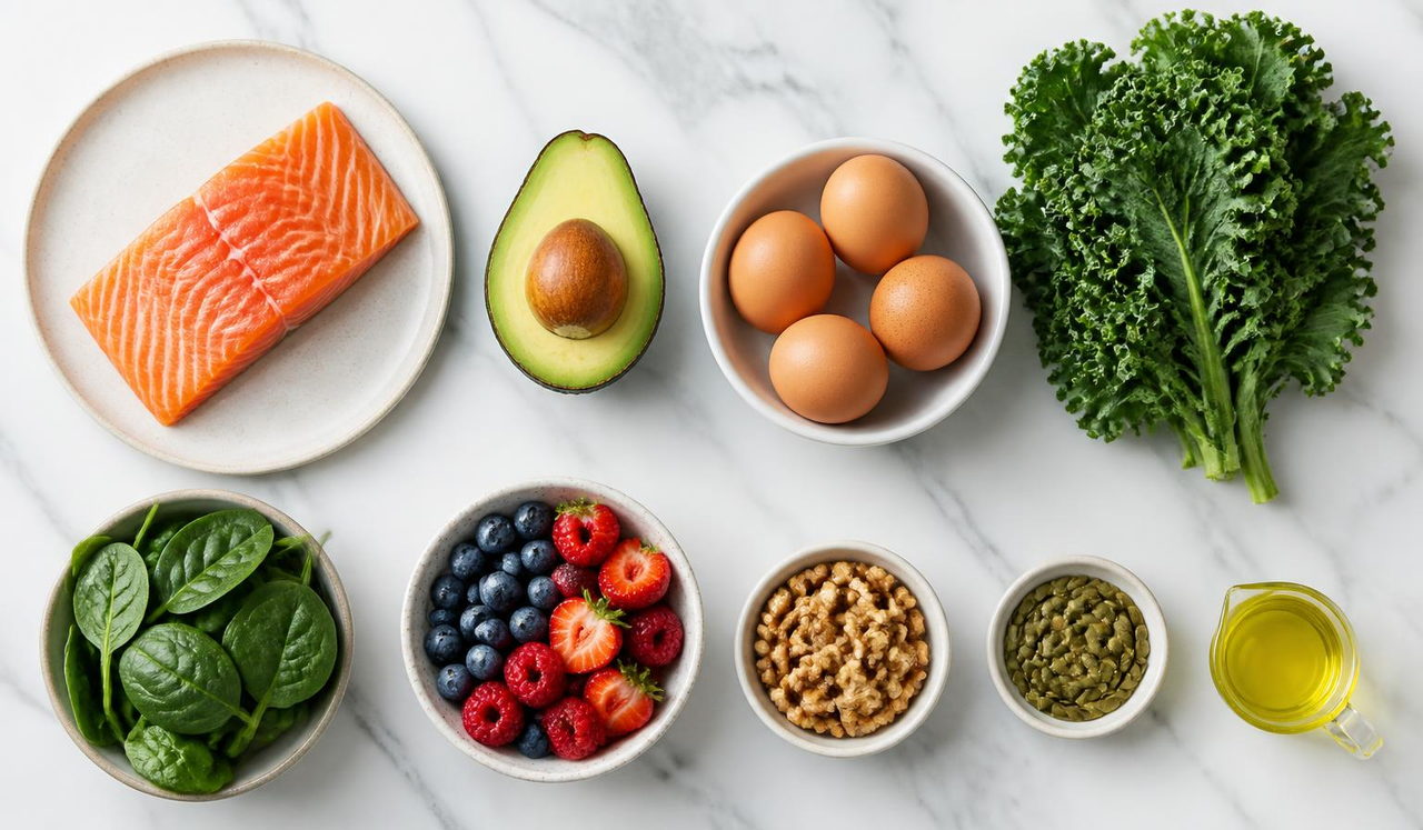 Overhead flat lay of salmon, avocado, eggs, greens, berries and nuts on white marble