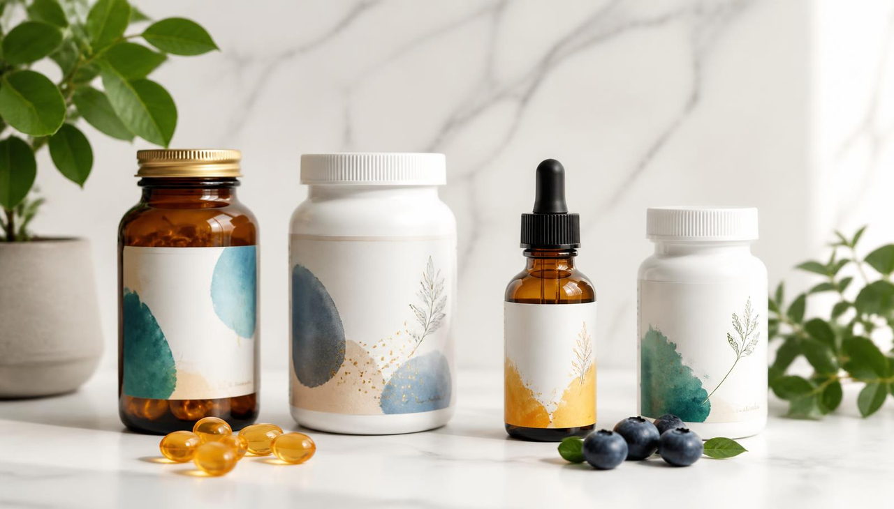 Premium supplement bottles with omega-3 softgels, blueberries and fresh greens on a white marble surface