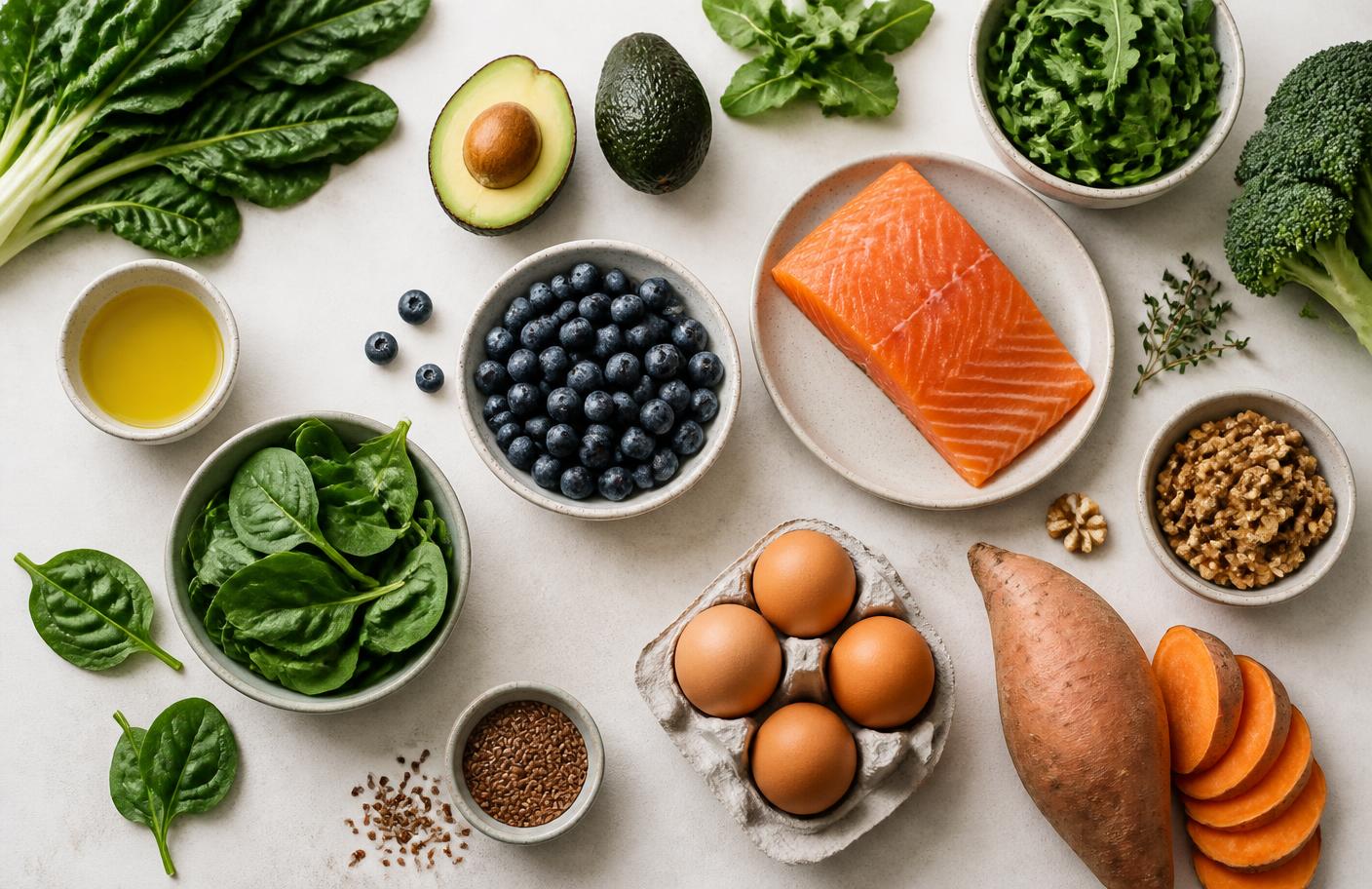 Fresh whole foods including greens, berries, salmon, eggs and sweet potato